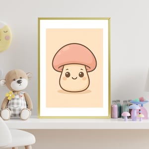 Kawaii Mushroom Print, Cute Cottagecore Wall Art Nursery Decor, Whimsical Forest Poster Instant Download, Happy Playroom Artwork