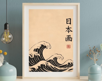 Japanische Welle Kunstdruck: Sumi-e Tuschemalerei, Zen-Dekor (Digitaler Download)