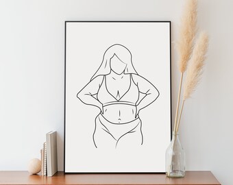 Curvy Woman Body Positive Wall Art Print, Woman One Line Drawing, Big Girl Line Art, Female Silhouette Print, Naked Body Abstract Poster