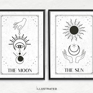 Die Sonne und der Mond Tarot Set von 2 Poster, Tarot Kunstdrucke, himmlische Wandkunst, Mond & Sonne Boho Wanddekoration, Mond Geschenk *DIGITAL DOWNLOAD*