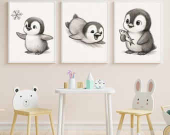 Baby Penguin Nursery Prints: Hand-Drawn Animal Illustrations (Digital Download Set of 3)