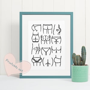Funny butts bums bathroom wall art, 20 sizes, cm, inches, digital print, printable art, wall decor, gift, bathroom art, funny, butt, toilet