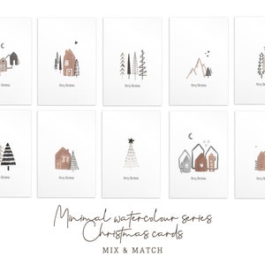Minimale kerstkaarten met schattige huizen en bomen - Kerstkaarten set (5 of meer - multipack) - Minimal, Aquarel