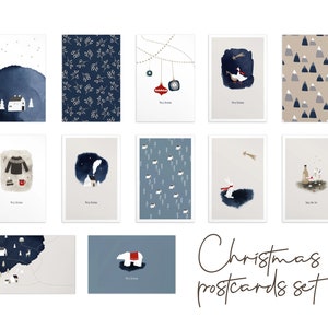 Silent night Christmas postcards - SET of 5, 10, 15 or more, Multi pack, Minimal, Watercolor