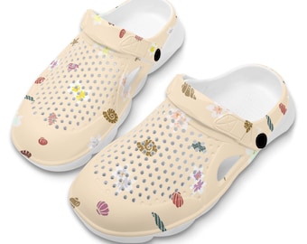 Seashell Print Clogs, Lightweight Beach Sandals, Tropical Island Shoes