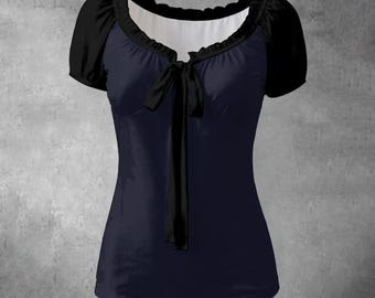 Gothic Puff Sleeve T-Shirt, Dark Fairycore Top with Neck Ribbon