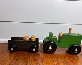 Green Tractor with Trailer, Christmas Tree and Barrels, Farmhouse Christmas Decoration, Handmade Personalized Wooden Tractor with Trailer