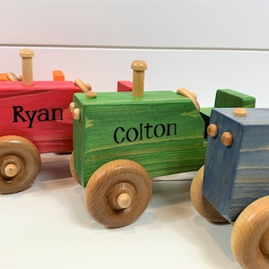 Handmade Personalized Wooden Tractor, Red, Blue, Green, Orange, White, Pink