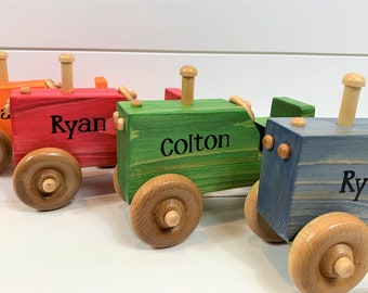 Handmade Personalized Wooden Tractor, Red, Blue, Green, Orange, White, Pink