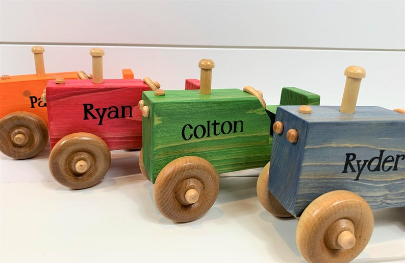 Handmade Personalized Wooden Tractor, Red, Blue, Green, Orange, White, Pink image 1