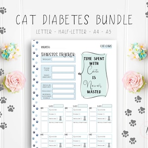Cat diabetes-insulinetracker; Bloedglucosecurvegrafiek; PDF afdrukbare planner-inzet; Huisdier heide dagboek; A4 A5 letter halve letter-formaat pagina