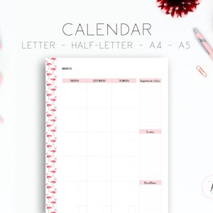 May include: A printable calendar template with a flamingo pattern border. The calendar is designed for letter, half-letter, A4, and A5 sizes. It includes sections for important dates, exams, and deadlines.