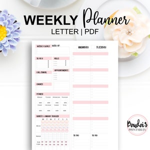 Inserção de planejador PDF semanal sem data para impressão; Rastreador de metas de tarefas de treino de fitness, hábito, humor; Lista de tarefas e notas; Tamanho de letra; Semana em 2 páginas