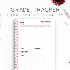 May include: A printable grade tracker with a flamingo pattern border. The tracker includes sections for semester, class, assignments, grade, details, total, goal, final grade, and comments.