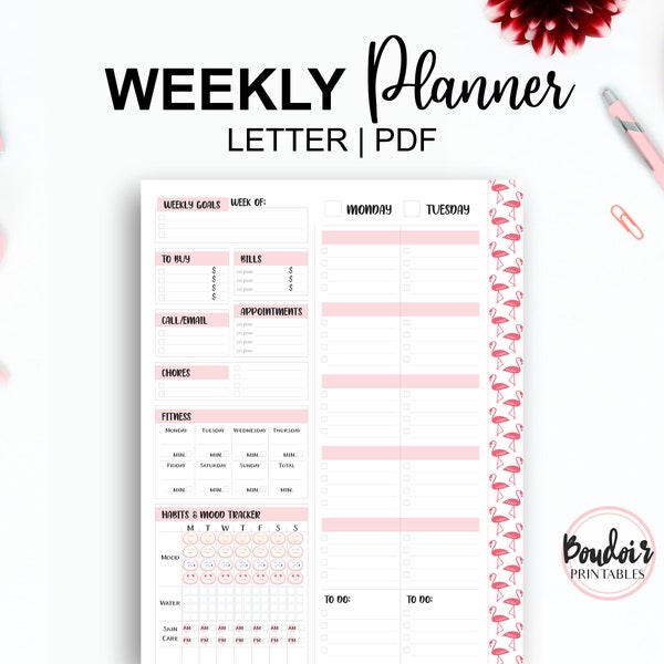Weekly undated PDF printable planner insert;  Letter size page agenda; Vertical layout habit fitness goal & chore tracker; To do list notes