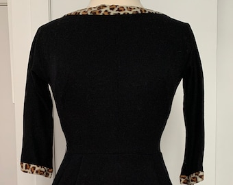 Vintage 50s Black Wool Leopard Trim Wiggle Dress with Pockets and Low Back M