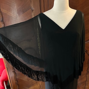 Vintage 60s Lilli Diamond Black Cape Fringe Morticia Addams Dress Size M