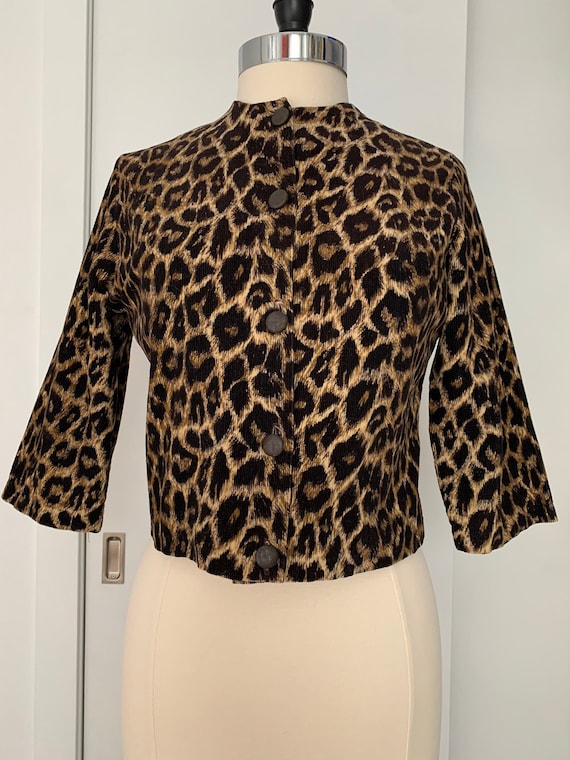 Vintage 60s Leopard Print Corduroy Crop Jacket M - image 1