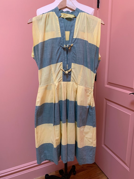 Vintage 50s A-Line Summer Dress in Yellow and Gre… - image 1