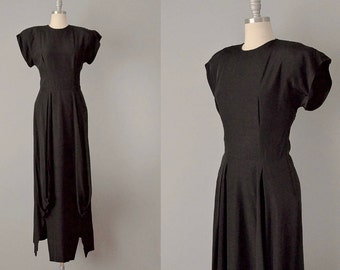 Vintage 40s Rare Ceil Chapman Black Silk Shantung Evening Dress Size S / M