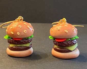 Burger earrings, polymer clay earrings, food earrings, hamburger earrings, cheeseburger earrings, cute earrings, Big Mac earrings