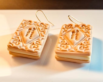 Custard Cream Biscuit Earrings: Handmade Polymer Clay, Gold Plated