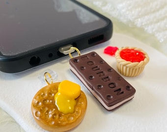 Handmade Polymer Clay Food USB-C Charm, Phone biscuit themed Dust Plug