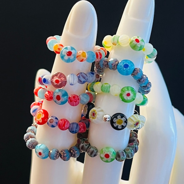Flower ring, bead ring, Millefiori Glass ring, elastic ring, stretch ring, cute ring, Y2K ring, glass ring, handmade ring, stacking ring