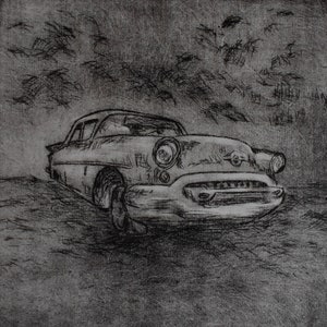 May include: A black and white pencil drawing of a vintage car. The car is drawn in a realistic style, with details like the headlights, grille, and wheels visible. The car is set against a background of trees.