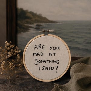 May include: A circular wooden embroidery hoop containing off-white fabric with the black hand-stitched text "ARE YOU MAD AT SOMETHING I SAID?" The hoop features a metal tension screw at the top, securing the fabric tightly within the wooden frame.