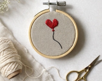 Small Red Heart Balloon Embroidery Hoop | Minimal Hand Embroidered Decor
