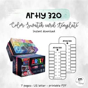 May include: A digital download for a colour swatch card template. The image shows a box of 320 acrylic markers and two swatch cards. The text on the image reads "Ar+Hy 320 Color Swatch card template Instant download".