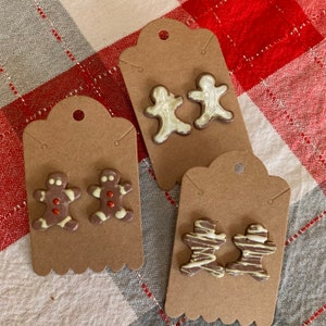 Gingerbread Man Cookie Earrings with Icing and Red Buttons