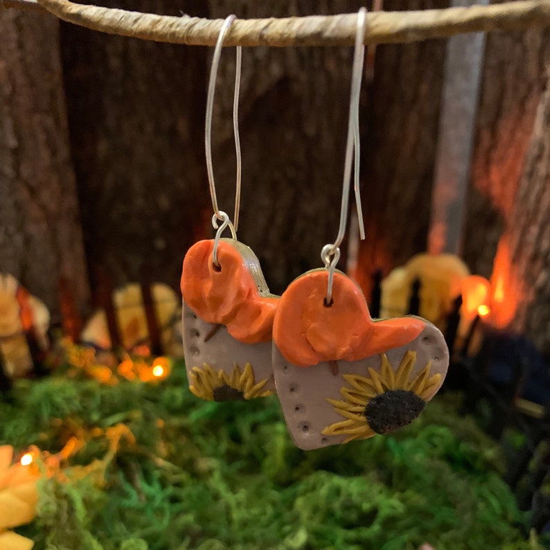 Fall Heart Earrings Pumpkin and Sunflower Dangle