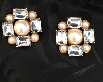 Vintage Square Shape  Richelieu Clip Earrings Faux Pearl and Crystal