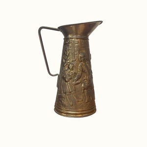 Vintage English Embosses Brass Scenery Pitcher Vase Decor