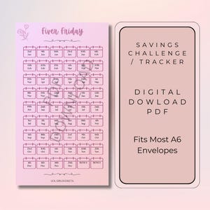 May include: A pink and white savings challenge tracker with the text "Fiver Friday" and a calendar layout. The tracker includes the text "Savings Challenge / Tracker" and "Digital Download PDF". It fits most A6 envelopes.