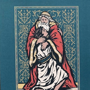 Op de afbeelding: Twee kaarten op een houten oppervlak. Eén kaart toont een illustratie van de Verloren Zoon, met tekst. De andere kaart is wit met het Baritus-logo en website-informatie. De illustratie van de Verloren Zoon is in teal, goud, rood en wit.