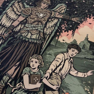 Original artwork based on the traditional Catholic devotion to our Guardian Angels, by BARITUS Catholic Illustration. Depicting a highly ornamented and armored angel standing watch over two children in a powerful pose flying just above the ground while wrestling a snake on the end of a fiery sword. He is moving aside the thick woods so that the two children in his care can pass safely into the field on their way to Mass. Metallic gold accents are shown on the card on the intricate details.