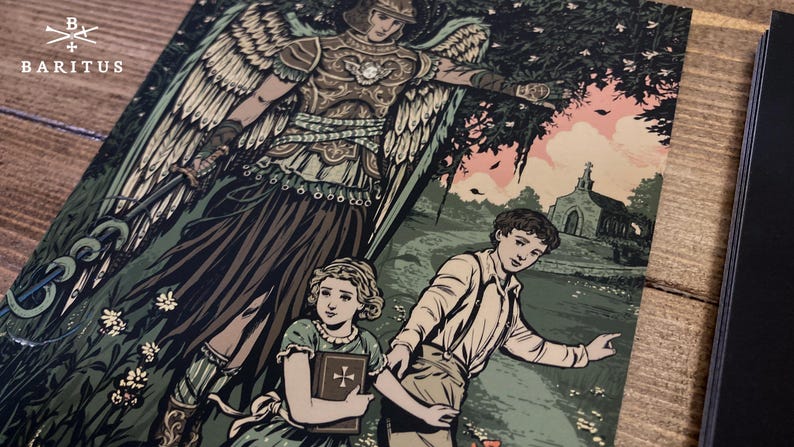 Original artwork based on the traditional Catholic devotion to our Guardian Angels, by BARITUS Catholic Illustration. Depicting a highly ornamented and armored angel standing watch over two children in a powerful pose flying just above the ground while wrestling a snake on the end of a fiery sword. He is moving aside the thick woods so that the two children in his care can pass safely into the field on their way to Mass. Metallic gold accents are shown on the card on the intricate details.