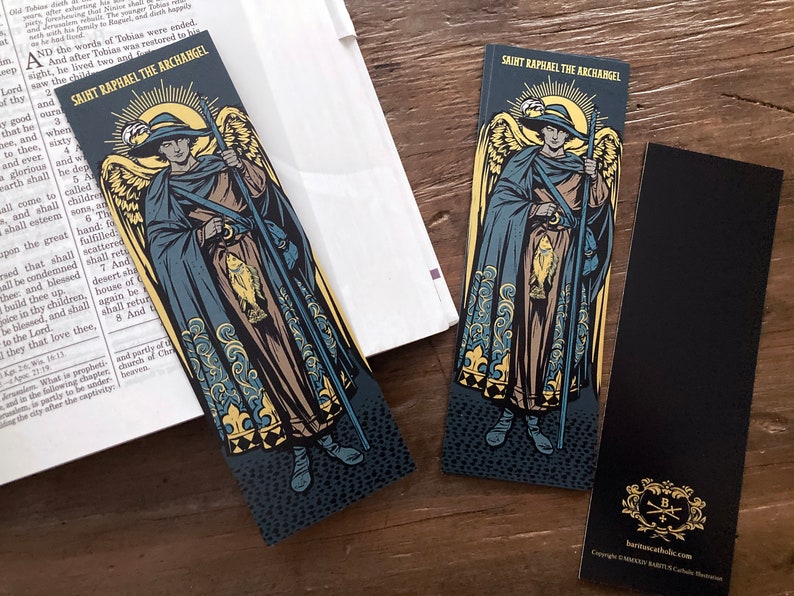 Saint Raphael the Archangel illustrated by BARITUS Catholic Illustration, printed on bookmarks with metallic gold ink.