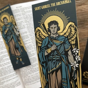 Saint Gabriel the Archangel illustrated by BARITUS Catholic Illustration, printed on bookmarks with metallic gold ink.