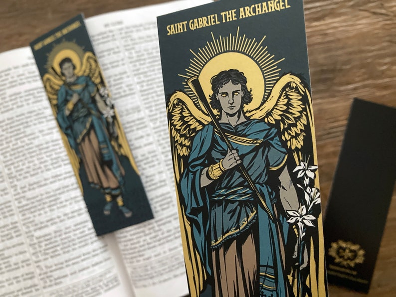 Saint Gabriel the Archangel illustrated by BARITUS Catholic Illustration, printed on bookmarks with metallic gold ink.