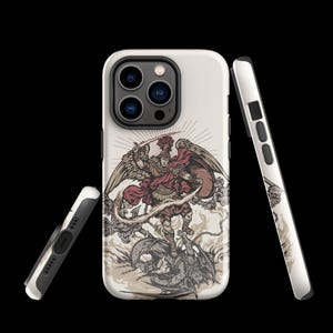 Könnte beinhalten: Weißes Handycase mit einer detaillierten Illustration eines geflügelten Kriegers mit einem Schwert, der gegen einen Drachen kämpft. Das Design beinhaltet Rot-, Beige- und Grautöne mit einem Sonnenstrahleffekt im Hintergrund.