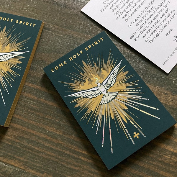 English Come Holy Spirit Metallic Gold and Holographic Silver Prayer Card