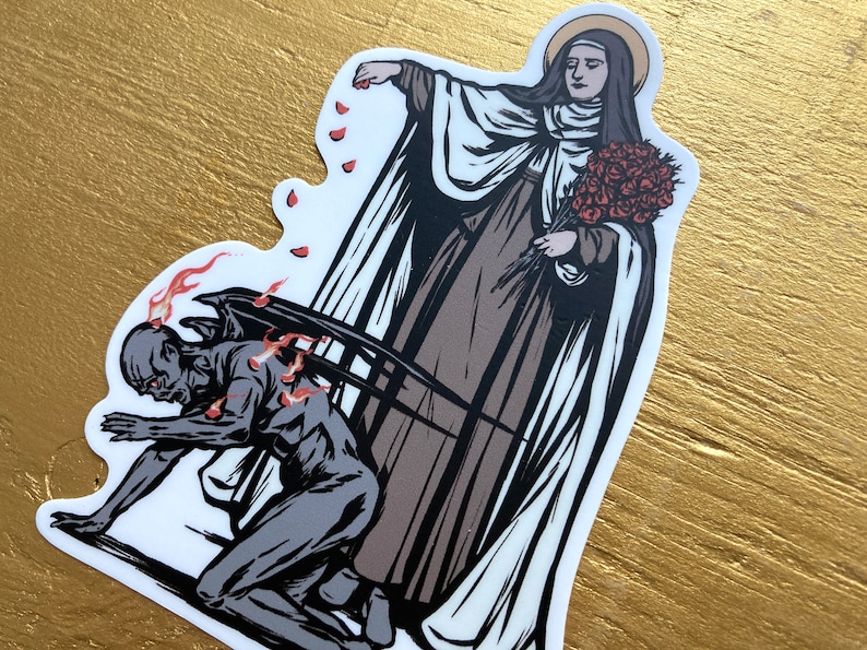 May include: A black and white illustration of a woman in a white robe holding a bouquet of red roses, standing over a kneeling figure with wings and flames. The woman is scattering rose petals.