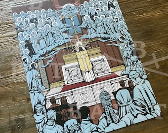 May include: A religious illustration featuring a central figure in a yellow robe, surrounded by figures in blue robes and halos. The artwork depicts a church interior with a cross and a crowd of people. The image has a vintage style.