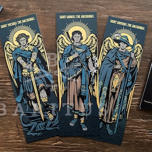 Series of three archangels illustrated by BARITUS Catholic Illustration, printed on bookmarks with metallic gold ink.