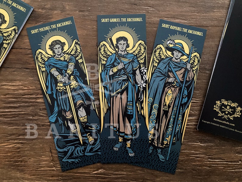 Series of three archangels illustrated by BARITUS Catholic Illustration, printed on bookmarks with metallic gold ink.