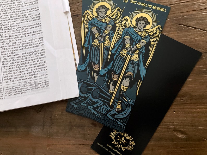 Saint Michael the Archangel illustrated by BARITUS Catholic Illustration, printed on bookmarks with metallic gold ink.